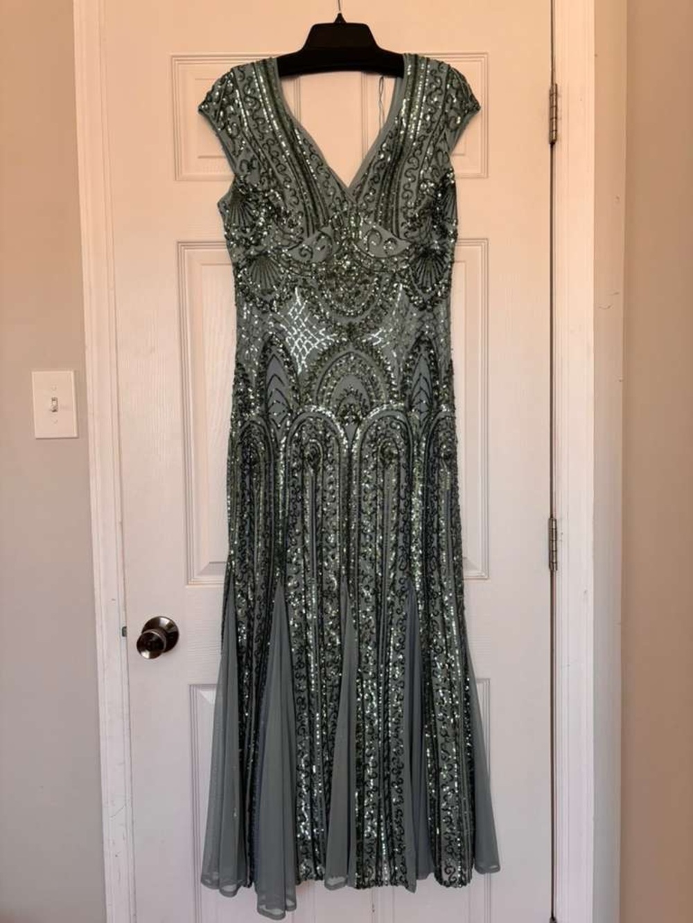 R&M Richards Beaded Sage Green V-Neck Maxi Dress